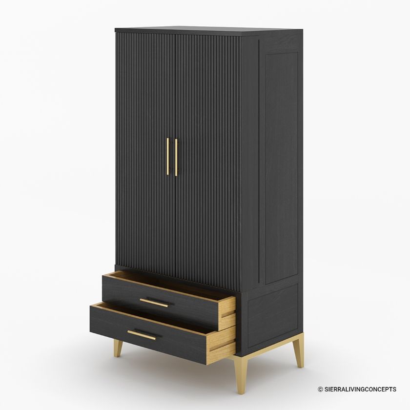 Solid Wood Modern Tall Black Bar Cabinet Armoire Image